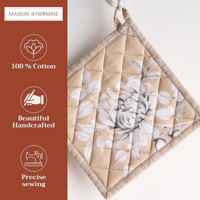 Maison d' Hermine Pot Holders 100% Cotton Potholders (8" x 8", Pack of 2) | Heat Resistant Hot Pads with Loop BBQ Cooking Baking Hotel Kitchen Handling Hot Pans Thanksgiving Christmas - Pretty Autumn