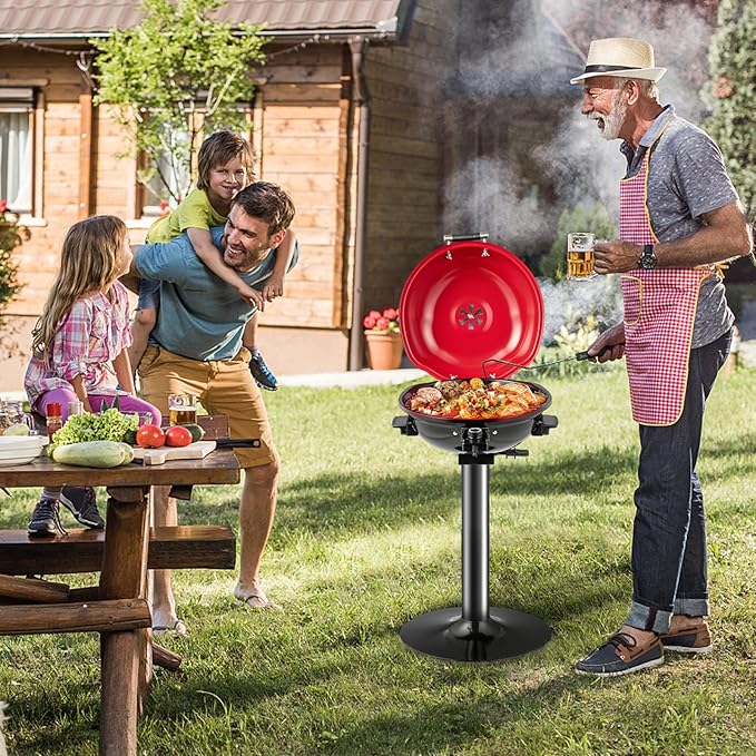 HAPPYGRILL Electric Grill Outdoor, 1600W Barbecue 15-Serving for Indoor & Outdoor Use, Portable Stand BBQ Grill for Cooking Patio Kitchen Garden, Red