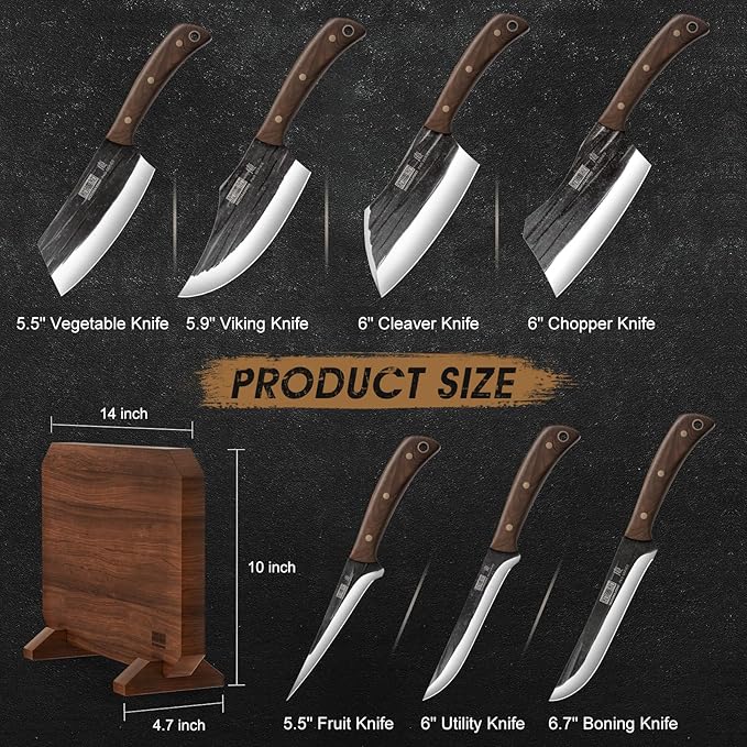 HOSHANHO 8 Pieces Butcher Kitchen Knife Set, Hand Forged High Carbon Stainless Steel Magnetic Knife Block Set, Ultra Sharp Chef Knives Set with Meat Cleaver Knife & Bone Chopper Knives Gift for Men