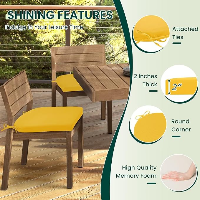 HARBOREST Outdoor Chair Cushions Set of 2, Water Resistant Patio Chair Cushions with Ties, Outdoor Seat Cushions for Patio Furniture, 17"x16"x2", Yellow
