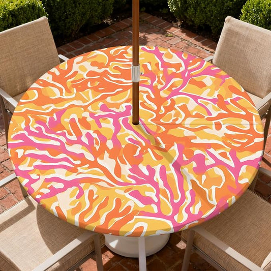 Outdoor Tablecloth with Umbrella Hole and Zipper Fits 49-52" Tables | Waterproof Round Fitted Tablecloth with Elastic Edge, Wipeable Outdoor Table Cover for Patio, Garden, Picnic