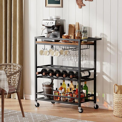 MAHANCRIS Bar Cart for Home, Kitchen Island Cart, Rolling Wine Cart with Glass Holders, 3-Tier Serving Cart with Wine Rack, Beverage Cart and Drink Cart, Rustic Brown and Black RCHR11801