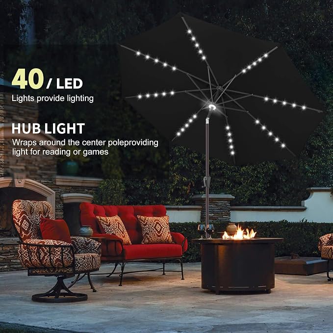 Solar Patio Umbrella Outdoor with Centre Light, 11 ft Black | 40 LED Lights, UV Protection, Solar Outdoor Umbrella for Porch, Deck, Pool, Table, Garden, Provides Evening Lighting