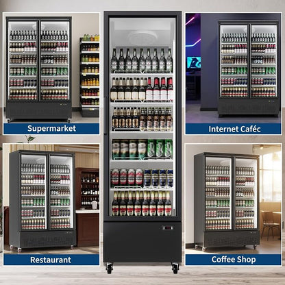 IDEALHOUSE Commercial Merchandiser Refrigerator, 17.7 Cu.Ft, Glass Door, Beverage Cooler, 5 Adjustable Shelves, Bar Fridge, Commercial Display, Large Capacity, Black, For Restaurant, Store, Bar