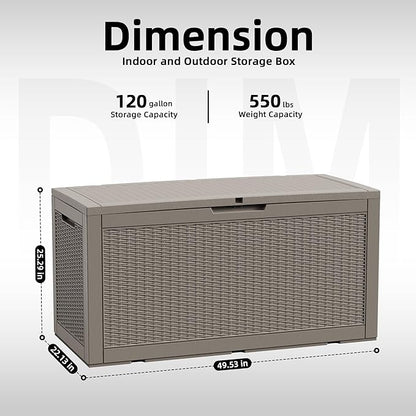 120 Gallon Outdoor Storage Box Waterproof, Resin Lockable Deck Box with Lid, Large Capacity Weatherproof Container for Patio Furniture Pool Accessories, Cushions(Grey, 120 Gallon)