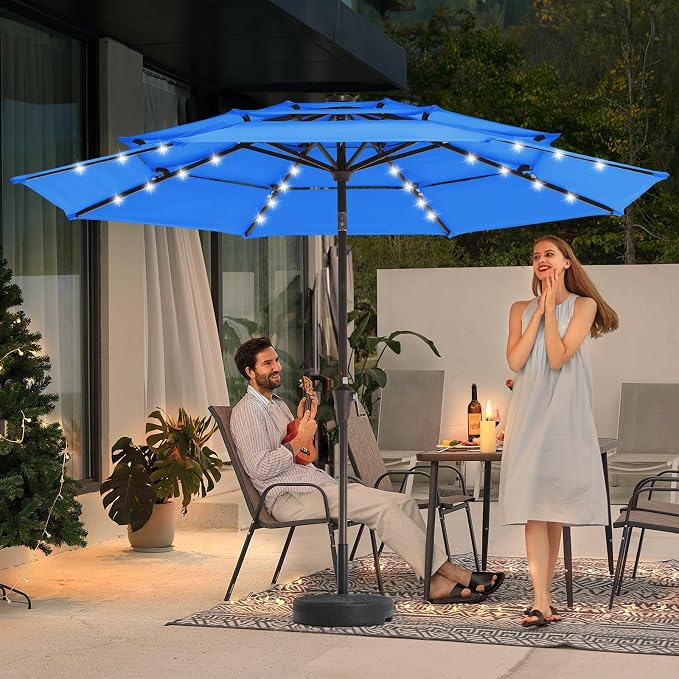 JEAREY 9 ft 3-Tier Outdoor LED Lighted Patio Umbrella w/Crank, Royal Blue | Solar Market Table Umbrella with 8 Sturdy Ribs, UV Protection Waterproof Sunproof for Garden, Deck and Backyard