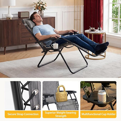 NEWBULIG Zero Gravity Chairs Set of 4, Folding Lounge Recliner Chair | Portable Lawn Camping Recliner with Adjustable Pollow, Mesh Back, Cup Holder Trays for Pool Beach Patio, Ash