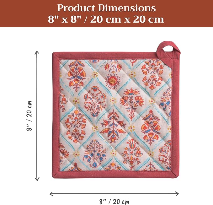 Maison d' Hermine Pot Holders 100% Cotton Potholders (8" x 8", Pack of 2) | Heat Resistant Hot Pads with Loop BBQ Cooking Baking Hotel Kitchen Handling Hot Pans Thanksgiving Christmas - Romane