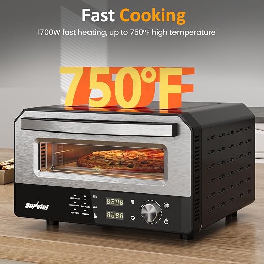 Pizza Oven Indoor Outdoor: Heats up to 750℉, Up to 12" Electric Countertop Pizza Maker with 6 Presets, Control Knob, Portable Pizza Cooker Warmer for Home, Camping, Pizza Stone, Pizza Peel