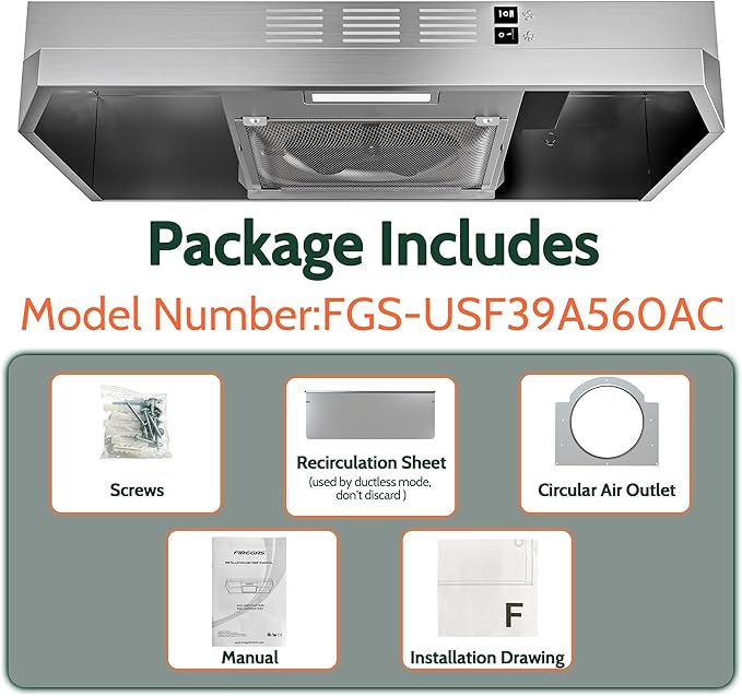 FIREGAS 24 inch Range Hood Under Cabinet, 300CFM Ducted/Ductless Convertible Kithen Hood in Stainless Steel with 2 watt LED Light and Filter, 2 fan speeds, hassle-free installation