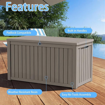 Pepe Tee Waterproof Resin Deck Box, Outdoor Storage Bin for Patio Furniture Cushions, All-Weather Garden Organizer & Seating Bench, Coffee
