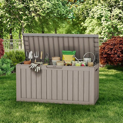 Pepe Tee Waterproof Resin Deck Box, Outdoor Storage Bin for Patio Furniture Cushions, All-Weather Garden Organizer & Seating Bench, Coffee