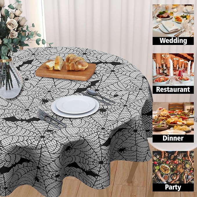 Sweetshow Halloween Bat Table Cloth Round Black and White Spider Web Tablecloth 60 Inch Decor Washable Stain and Wrinkle Resistant Round Table Cover for Dining Party Picnic