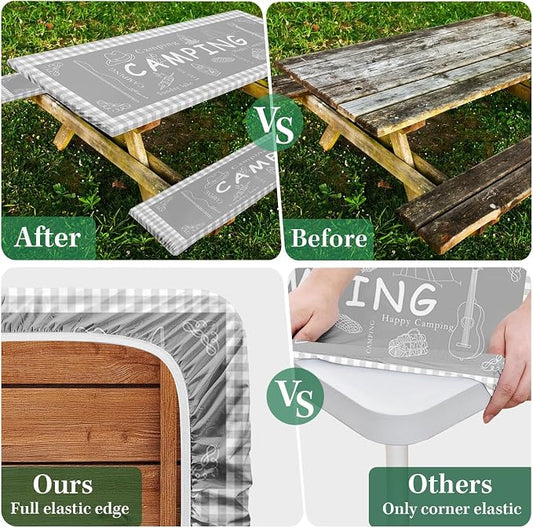 Picnic Table Cover with Bench Covers Elastic Edges, Grey Camper Fitted Table Cover, Outdoor Patio Camping Essentials 72 Inch 3PCS, Waterproof Camping Fitted Tablecloth with Drawstring Bag