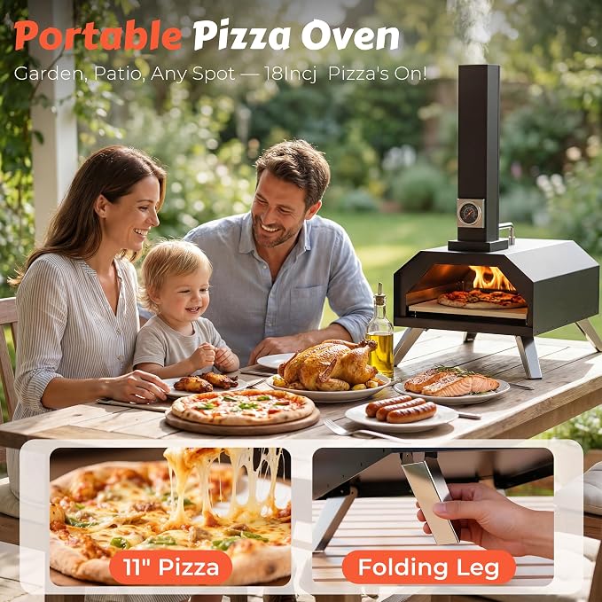 Pizza Oven Outdoor With a Thermometer, Portable Wood Fire Pizza Oven Stainless Steel Pizza Maker for Backyard or Outside Camping, Pizza Stone(11.25inch*11.25inch)