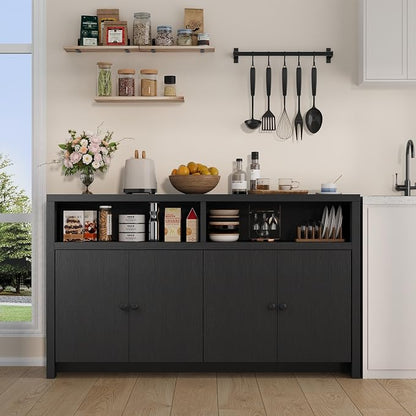 Buffet Sideboard Cabinet with Storage, 55" Kitchen Storage Cabinet, Black | 4 Doors & Adjustable Shelves, Farmhouse Wood Coffee Bar Cabinet for Kitchen, Dining Room, Living Room