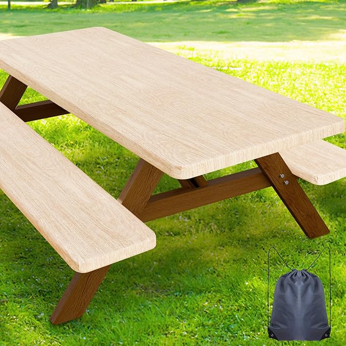 Smiry Picnic Table Cover with Bench Covers, Waterproof Elastic Fitted Tablecloth for 5 Foot Tables, Washable Polyester Tablecloths for Camping, Indoor & Outdoor (Ivory, 30x60 Inch 3-pc Set)