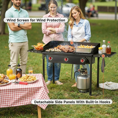 3 Burner Propane Burner, 225,000 BTU High Pressure Propane Stove with Windscreen ＆ Side Shelves, Outdoor Propane Gas Stove with 0-20 PSI Regulator for Camping, Backyard, Outdoor Cooking