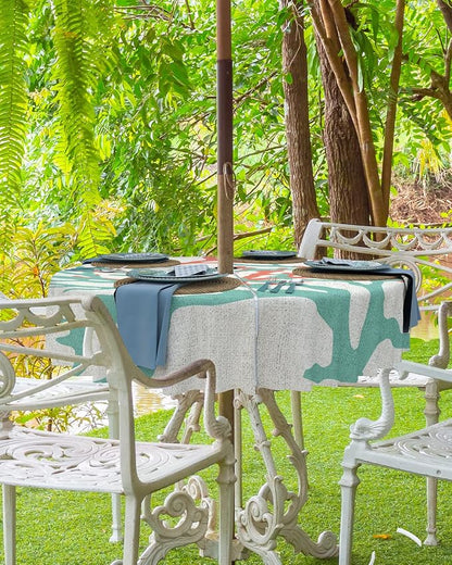 Teal Red Coral Outdoor Tablecloth - 60 Inch Round Dining Table Cover, Summer Ocean Nautical Coastal Rustic Burlap Waterproof Outdoor Table Cloth with Umbrella Hole & Zipper for Picnic/Patio/Party