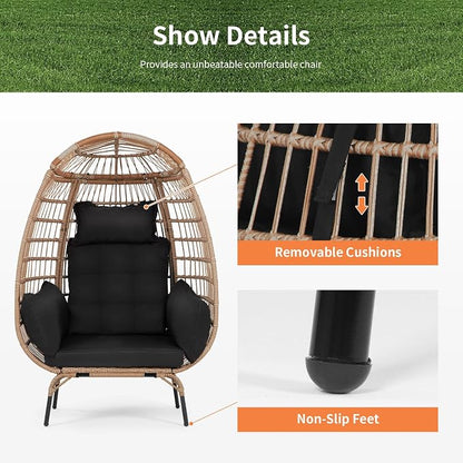 PayLessHere Egg Chair Egg Basket Rattan Chair Steel Frame Oversized Indoor Outdoor Lounger Simple Installation with 4 Comfort Cushion and Stand,352lb Capacity for Patio Garden Living Room，Black
