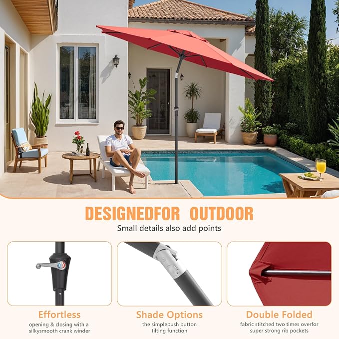 Outdoor Patio Umbrella, Table Umbrella with Push Button Tilt and Crank, 8 Ribs Market Umbrella