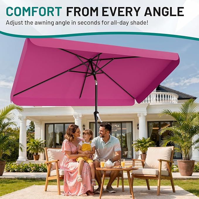 AreShark 6.5 x 10 FT Rectangular Valance Patio Umbrella, Outdoor Umbrella with Tilt and Crank, Market Table Umbrellas W/ 6 Ribs UV Protection for Garden, Deck, Backyard and Pool, Rose Pink