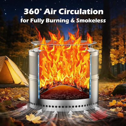Smokeless Fire Pit Outdoor, 20 Inch Portable Stainless Steel Smokeless Firepit with Grill Grate, Ash Pan & Carry Bag, Low Smoke Wood Burning Fire Pits for Camping, RV, Patio, Compact Storage