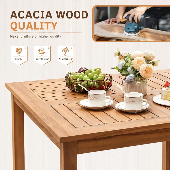 Greesum 5 Piece Patio Dining Set Outdoor Solid Wood Furniture w/Square Tabletop & 4 Chairs for Yard, Garden, Porch, White