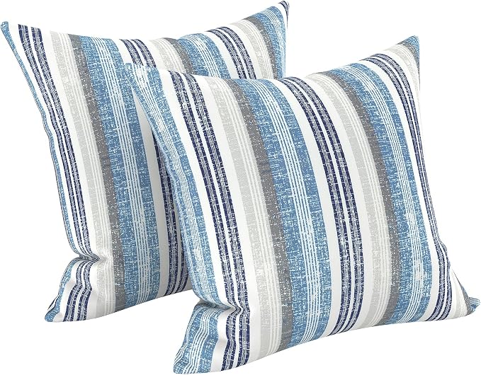 LVTXIII 2 Pack Outdoor Pillow Covers ONLY 18x18 Inch, Water-Repellent Square Decorative Cushion Covers for Patio Furniture, Garden, Sofa, Stripe Layered Blue