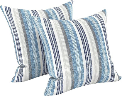 LVTXIII 2 Pack Outdoor Pillow Covers ONLY 18x18 Inch, Water-Repellent Square Decorative Cushion Covers for Patio Furniture, Garden, Sofa, Stripe Layered Blue