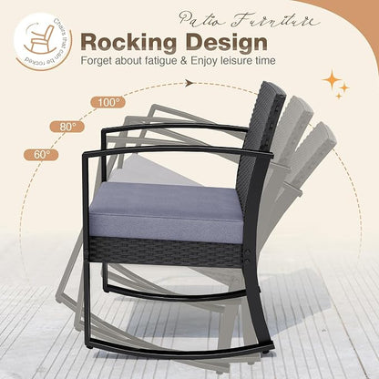 Greesum 3 Pieces Outdoor Furniture Set Patio Bistro Rocking Chairs with Glass Coffee Table for Pool Beach Backyard Balcony Porch Deck Garden, Gray