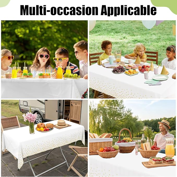 Smiry Disposable Table Cloth - 6 Pack, 54 x 72 Inch Waterproof Rectangle Tablecloths for New Years, Decorative Plastic Table Cover, Leakproof & Sturdy, White & Gold