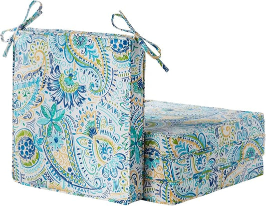 Outdoor 18 inch Square Patio Dining Chair Pads – Comfortable Fiber-Filled Seat Cushions with Ties, Reversible Polyester Fabric - Baltic Paisley, Set of 4