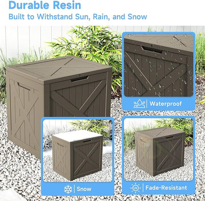 Pepe Tee Waterproof Resin Deck Box, Outdoor Storage Bin for Patio Furniture Cushions, All-Weather Garden Organizer & Seating Bench, Coffee