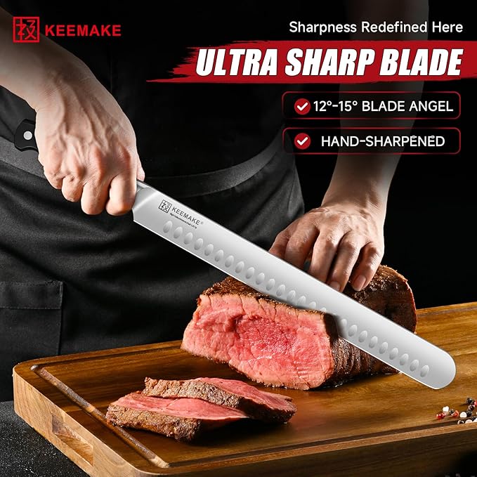 KEEMAKE Carving Knife Set with Sharpener, German High Carbon Steel, Ergonomic Full Tang Handle, Slicing & Boning Kitchen Knives for Meat Turkey BBQ and Brisket