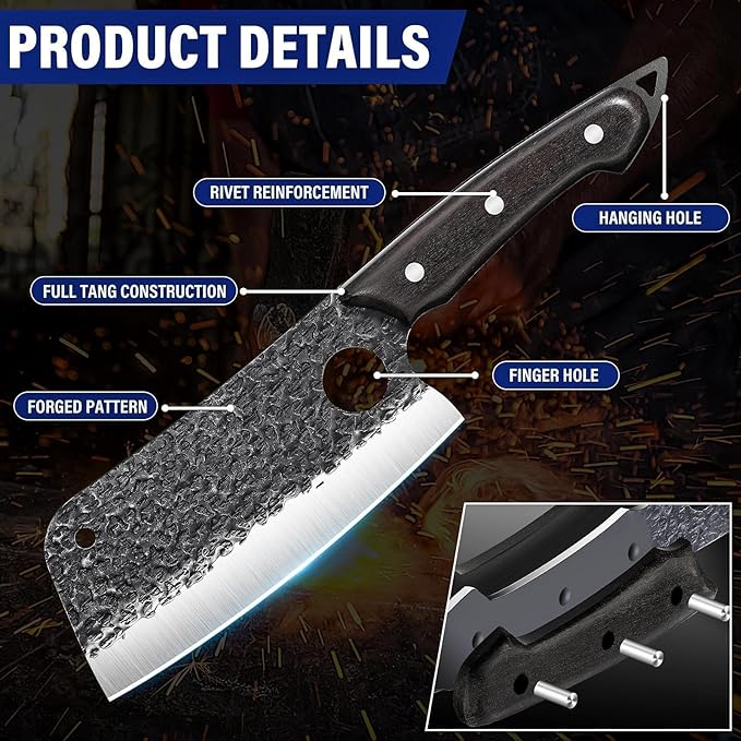 TAN REN 7PCS BBQ Knife Set, Professional Butcher Knives for Meat Cutting, Hand Forged Serbian Chef Knife, Viking, Boning, Skinning Knives & Poultry Shears, Idea Gift for Men Kitchen Outdoor Cooking
