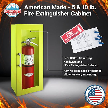 Fire Extinguisher Mount for Wall & Surface - 22 Gauge Steel, USA Made - Fire Extinguisher Cabinet Storage w/Metal Handle - Indoor & Outdoor Use - 24.5H x 9.25W x 6.5D - Neon