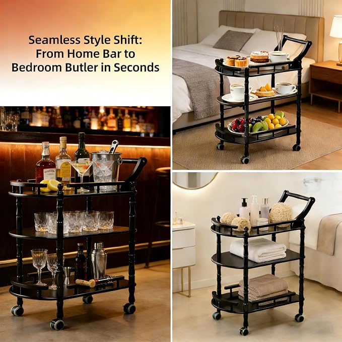 Entertainment Kitchen Cart, Midcentury Modern Imported rubberwood Black Finished Wood 3-Tier Mobile Bar Cart Serving Cart
