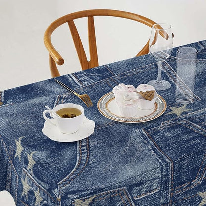 Denim Patchwork Style Tablecloth, Fashionable Blue Denim Jean Pocket Design Water Resistant Wipeable Table Cover for Farmhouse Picnic Party Holiday Kitchen Dinner Table 60"x120"