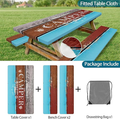 Picnic Table Cover with Bench Covers Elastic Edges, Vintage Wood Grain Camper Table Cover, Waterproof Windproof Fitted, for Outdoor Camping Patio Garden RV Trips, Drawstring Bag, 96 Inch 3PCS