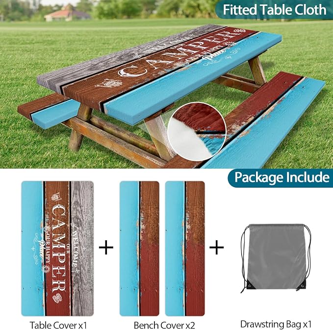 Picnic Table Cover with Bench Covers Elastic Edges, Vintage Wood Grain Camper Table Cover, Waterproof Windproof Fitted, for Outdoor Camping Patio Garden RV Trips, Drawstring Bag, 72 Inch 3PCS