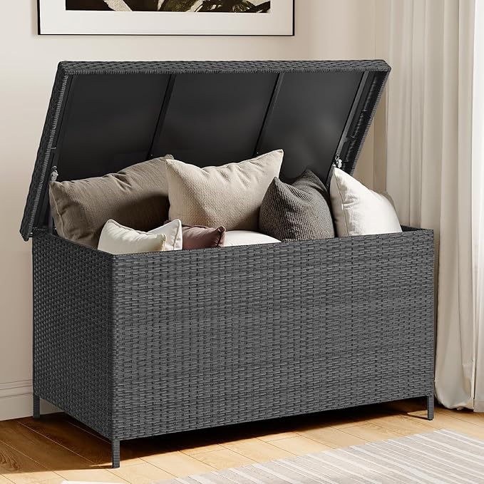 ONBRILL 158 Gallon XL Deck Box with Lid, All Weather Wicker Outdoor Storage Box Waterproof, Large Outdoor Patio Storage Bin for Cushions, Garden Tools, Gears, Pool Accessories, Black