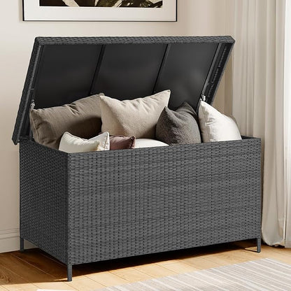 ONBRILL 158 Gallon XL Deck Box with Lid, All Weather Wicker Outdoor Storage Box Waterproof, Large Outdoor Patio Storage Bin for Cushions, Garden Tools, Gears, Pool Accessories, Black