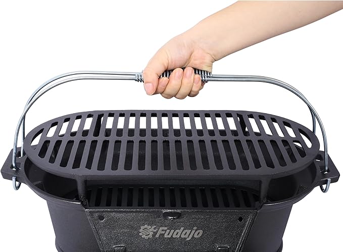 Portable Cast Iron Grills Outdoor, Oval Tabletop Charcoal Grill with Skillet, Durable Small Hibachi Griller for Camping, Tailgating, BBQ, Hunting, 19.6 Inches, Black, 26 lbs