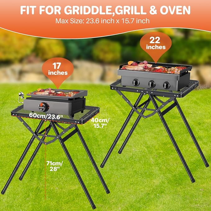 FUNYKICH Folding Grill Tables for Outside(23.62"x15.75"), Max Height 28'' Portable Metal Camping Tables for grill, Fit 17” or 22” Other Tabletop Grill with Portable Handle for Camping Backyard BBQ