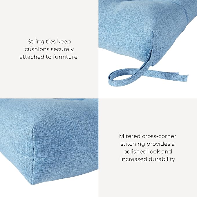 Outdoor Tufted High-Back Chair Cushions, One-Piece Hinged Seat and Back Design, Reversible with 4 Ties, Durable Polyester Fabric, Recycled Fiber Fill - Set of 2, Denim