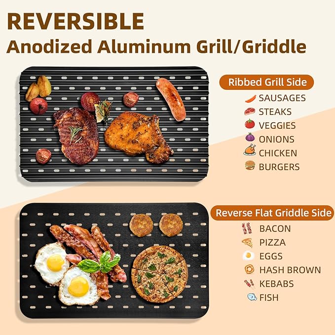 BAC772 18.25''x11.5'' Sear Grate Grill Accessory, Reversible Grill Grate Compatible with Most Grills, Aluminum Sear Grate with Non-Stick, Competition Level Sear Marks Capture Flavor and Moisture