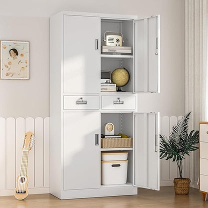 Wanfu Metal Storage Cabinet, Locking Storage Cabinet with Adjustable Shelves and 2 Drawers, 16" D x 32" W x 71" H Steel Cabinets for Office, Garage, Home, Classroom, Utility Room(White)