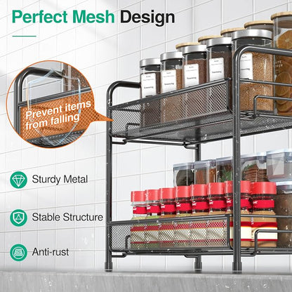 Spice Rack Organizer for Countertop,Xpatee 2-Tier Foldable Metal Rust-Proof Standing Large Seasoning Storage Shelf with Guardrail and Mesh Design for Kitchen Cabinet Bathroom Living Room Pantry, Black