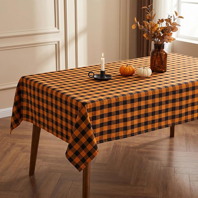 Waterproof Gingham Tablecloth, Checkered Fabric Table Cover for Kitchen Dining, Black & Orange Plaid Table Cloth, Rectangle Table Cloth for Indoor Outdoor Use, W60 x L102 in